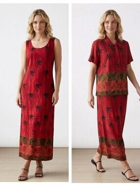 Vintage Red Tropical Palm Maxi Dress & Matching Button Up Set Size 12